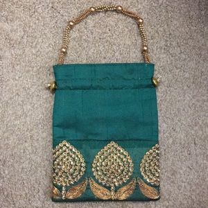 NWOT Green Raw Silk Beaded Bag